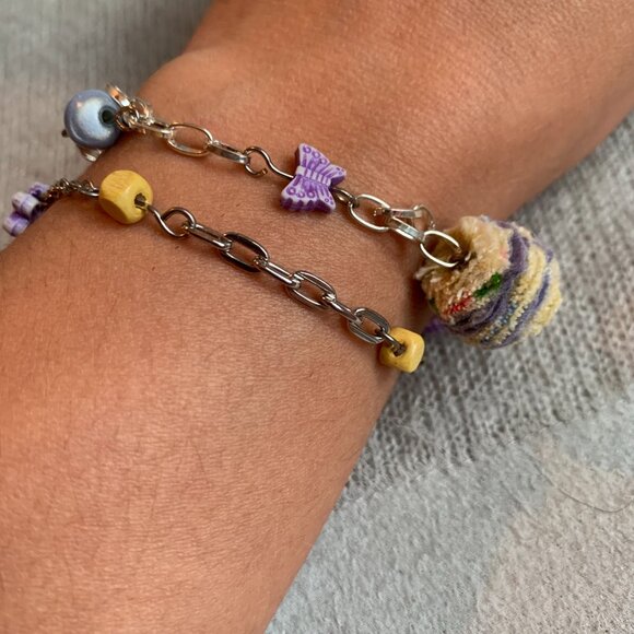 🦋 Handmade - 🌼 Recycle fabric Pompom bracelet beads chains Violet yellow - Picture 3 of 6